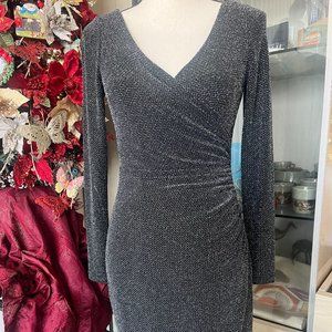 NWT- Sparkly Ralph Lauren Black and Silver Faux Wrap Style Cocktail Dress